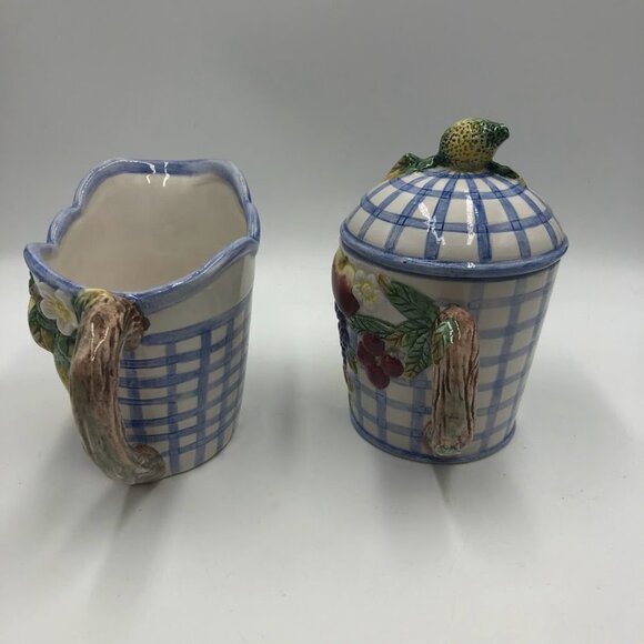 Vintage 1994 Omnibus China Sugar and Creamer Set Checkered Fruit Theme - Picture 5 of 15